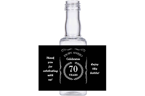 personalized 70th Birthday favors Celebration Square mini liquor bottles, caps, and personalized labels