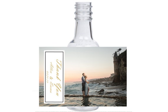 12 personalized Pre Wedding photo shoot beach view mini liquor bottles favors, caps, and labels