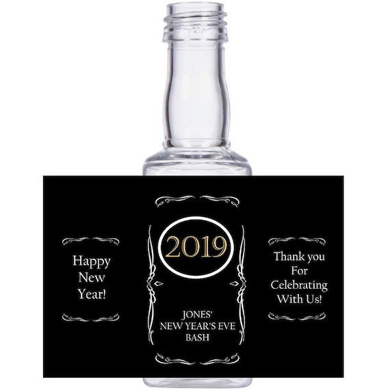 personalized New Year's Eve Celebration Square mini liquor bottles, caps, and custom labels for your NYE event party