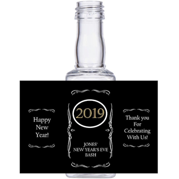 personalized New Year's Eve Celebration Square mini liquor bottles, caps, and custom labels for your NYE event party