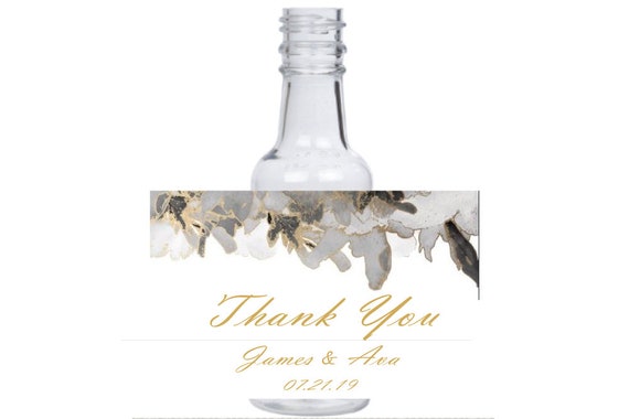 12 Elegant Gold Silver White Grey Black flower tile mini liquor bottle event favors glittery feather theme design