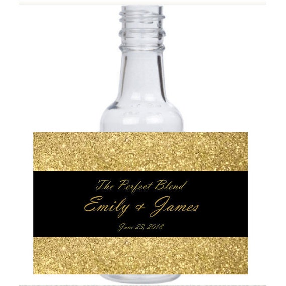 12 personalized Gold & Black glitter mini liquor bottles, caps, and labels for your wedding, engagement, or event party