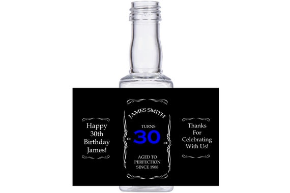 personalized 30th 40th  50th 60th or 100th Birthday customized Celebration Square mini liquor bottles, caps, and personalized labels