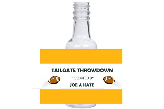 12 personalized football party mini liquor bottles, caps, and labels for tailgate or superbowl party