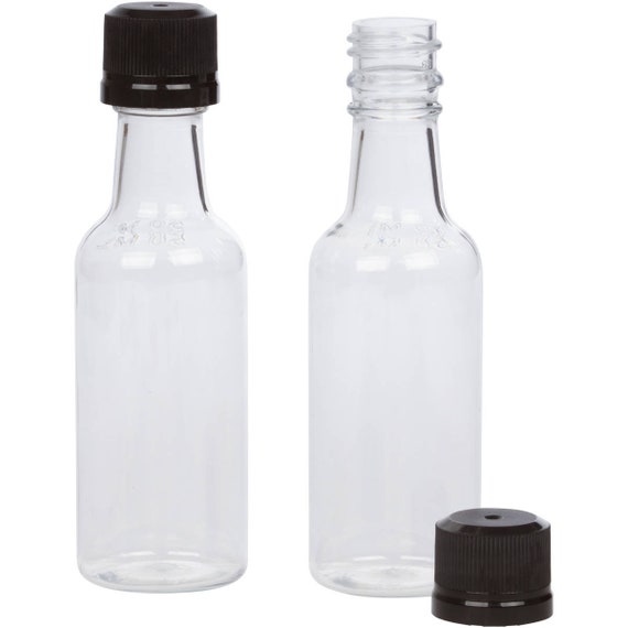 Set of 24 Mini 50ml Liquor Bottles Clear Plastic Alcohol Bottle w Black Cap - Great For Weddings, Party Favors &Events – Bonus Funnel