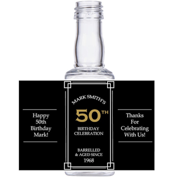 personalized 50th Birthday Celebration Square mini liquor bottles, caps, and custom labels for your birthday event party