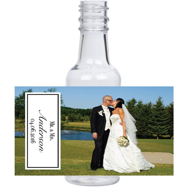 12 personalized Husband and Wife photo Wedding mini liquor bottles, caps, and labels for your wedding or engagement event favors