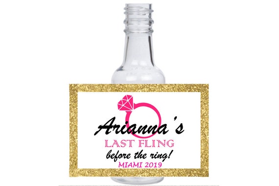 12 personalized "Last Fling before the Ring" mini liquor bottles, caps, and labels