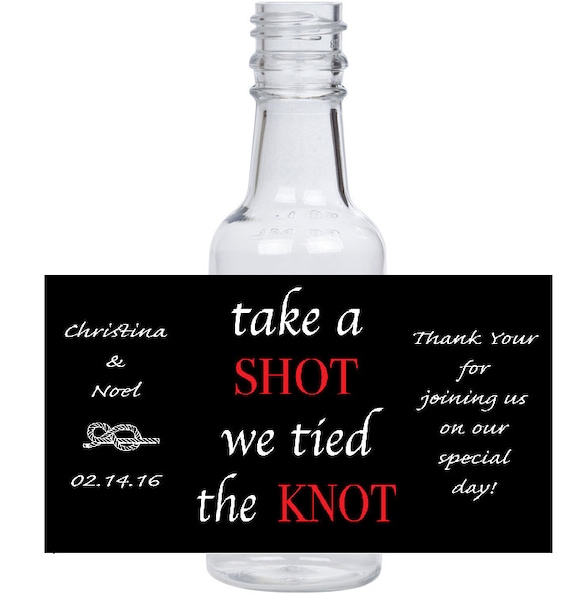 12 personalized "take a shot we tied the knot" mini liquor bottles, caps, and labels for your wedding or engagement event