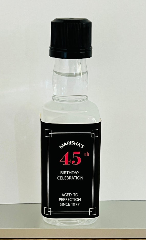 personalized 45th Birthday Celebration Square mini liquor bottles, caps, and custom labels for your birthday event party