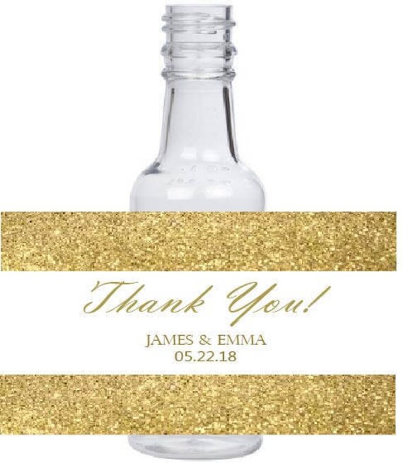 12 personalized Gold Glitter background mini liquor bottles, caps, and labels for your wedding, engagement, or event party