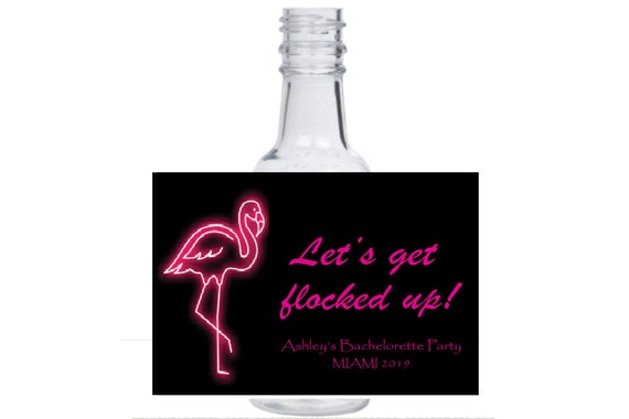 12 personalized flamingo let's get Flocked up mini liquor bottles, caps, and labels for bachelorette party