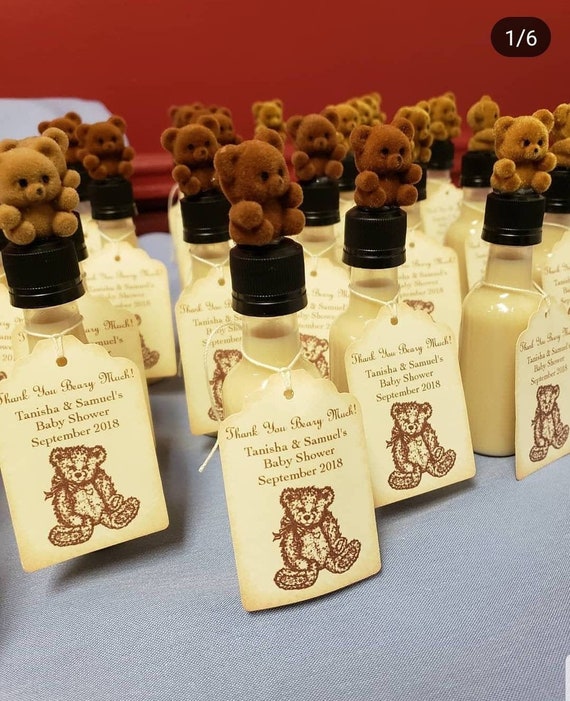 personalized baby shower bear favors mini liquor bottles, caps, wedding, engagement, or event party