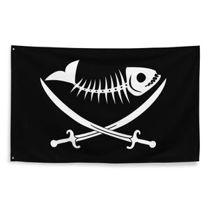May include: A black pirate flag with a white skeleton fish and two crossed swords.