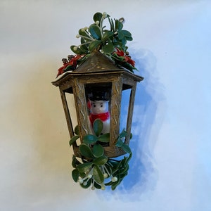 Plastic Snowman in Gold Lantern with Mistletoe and Gold Hanging Chain, 1960s Kitschy Christmas Decor, Holiday Decor, Waving Snowman