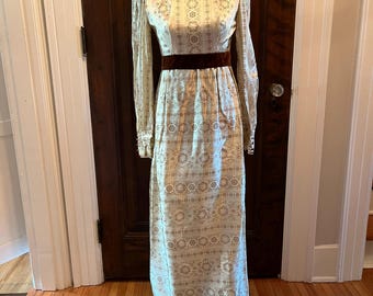 1970s Wedding Dress, Cream Colored Satin Dress with Brown Velvet Designs and Brown Velvet Sash, Prairie Dress, Unique Wedding Dress