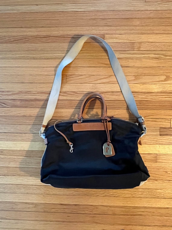 Dooney & Bourke Black Nylon Tote Bag, Brown Leather Handles and Trim, Tan Fabric Shoulder Strap, Authentic Dooney and Bourke Shoulder Bag