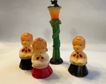 Set of Three Carolers and Glitter Lamp Post Candles, Signed Gurley Novelty Co., Retro Christmas Decor, Holiday Decor, Christmas Candles