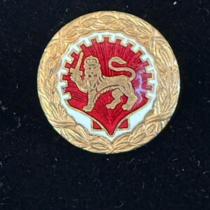 May include: A round, gold-toned pin with a red and white center featuring a lion emblem. The lion is gold-colored and holds a crown. The pin is encircled by a gold laurel wreath.