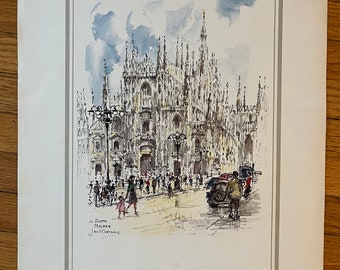 Signed Jan Korthals Print Watercolor and Ink Print of the Il Duomo in Milan Italy 1960s Print by Donald Art Co. Dutch Artist, Unframed Print