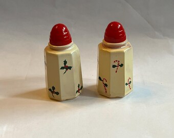 Set of Christmas Salt and Pepper Shakers, Hand Painted S&P, One with Candy Canes and One with Holly, Red Plastic Tops, Christmas Decor
