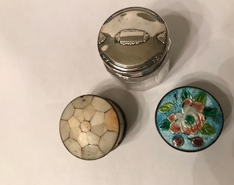 Lot of Three Trinket or Keepsake boxes, Stone Mosaic Box, Blue Floral Enamel Box Glass with Sterling Lid Box Treasure Box