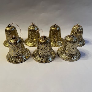 Lot of Seven Gold Plastic Glitter Bells, Christmas Bells, Christmas Decor, Holiday Decor, 1960s Bell Ornaments, 2.5&quot; Gold Glitter Bells