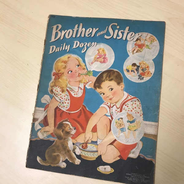 1940 Brother and Sister Daily Dozen by Florence Salter Published by Merrill Publishing Co., Over-Sized Book, Cloth-Like Book, Soft Linen