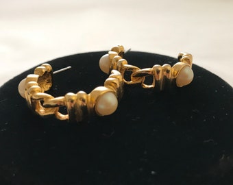 Signed JS Faux Pearl and Gold Tone Pierced Earrings, Gold and Pearl Stud Earrings, Gift for Her, Collectible JS Earrings, Costume Jewelry