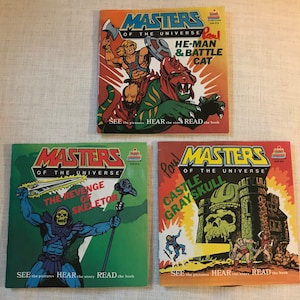 Set of Three Masters of the Universe Read-Along Book and Record, The Revenge of Skeletor, He-Man & Battle Cat, Castle Grayskull, Mattel 1983