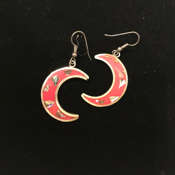 Signed Alpaca Hechoen Mexico Earrings, Crescent Moon Pierced Earrings, Red, Silver and Abalone Earrings, Wire Earrings, Made in Mexico