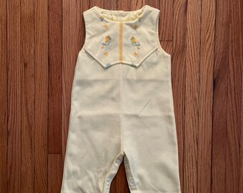 Baby Romper by Thomas, Yellow 1960s Romper, 12 Months Size, 100% Cotton, Embroidered Front, Vintage Baby Clothes, Long Pants