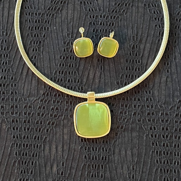 Signed Roman Necklace and Earring Set, Gold Tone 16" Necklace With Square Sage Green Glass Pendant, Matching Gold Tone Pierced Earrings