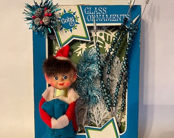 Diorama kerstornamentdoos, vintage coby-ornamentdoos uit de jaren 70, groen en blauw kerstdecor, vintage kerstschaduwdoos verzamelobject