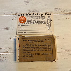 C1950 Cartes de rendez-vous pour vendeur, paquet de cartes de rendez-vous pour vendeur de Fairbanks Costumes et pardessus entièrement en laine, papier éphémère