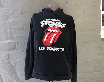 Women&#39;s Rolling Stones U.S. &#39;78 Tour Pullover Distressed Black Hoodie, H&M U.S. Size 10-12Y, LIps Tongue Logo, Concert Hooded Sweatshirt