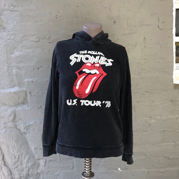 Women's Rolling Stones U.S. '78 Tour Pullover Distressed Black Hoodie, H&M U.S. Size 10-12Y, LIps Tongue Logo, Concert Hooded Sweatshirt