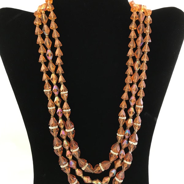 Amber Colored Bead Necklace Marked from West Germany Three Strand Plastic Beads, Costume Jewelry, Signed Necklace