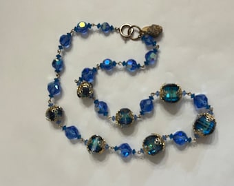 Signed Vendome Blue Borealis Bead  Gold Tone, Circa 1950s-1960s, Single Strand Matinee Length, 21.5" Long, 10.5" Drop, Mid Century Jewelry