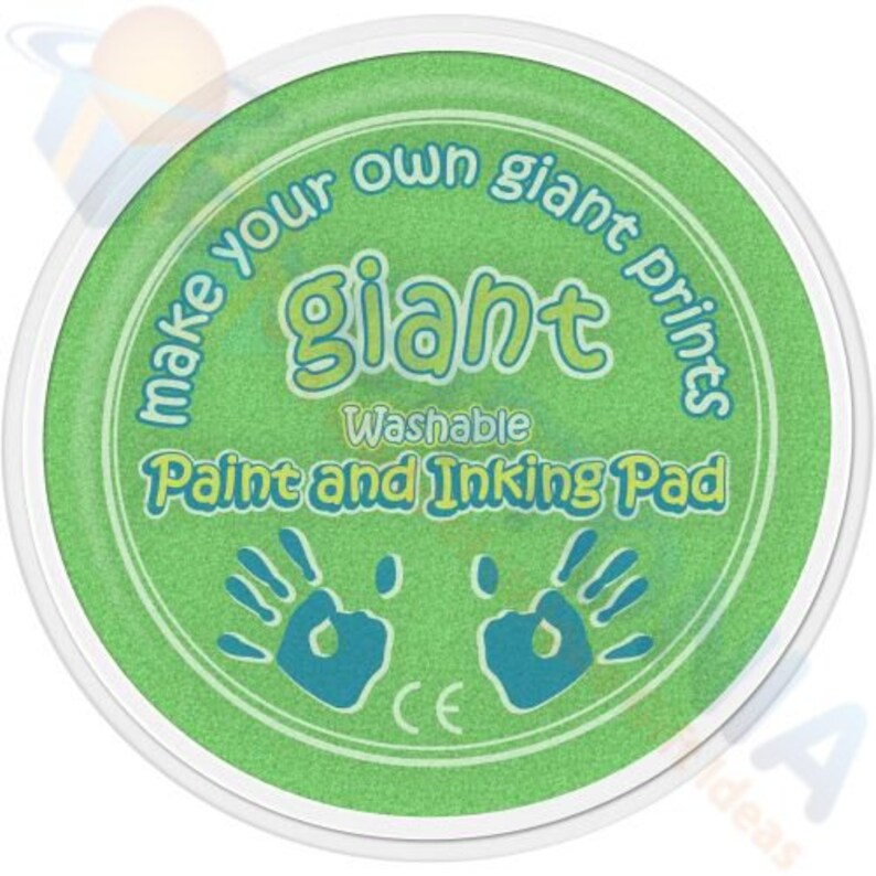 May include: Green circular paint and inking pad with the text "Make your own giant prints" and "Giant Washable Paint and Inking Pad" in a white circle. The pad has two handprints in blue.