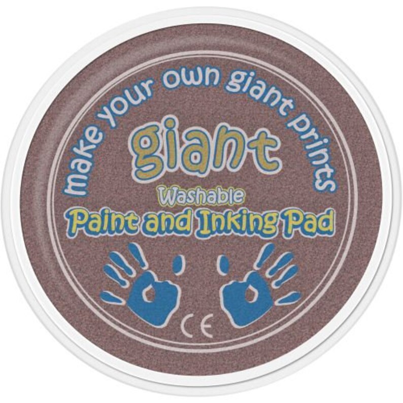 May include: A brown, round ink pad with a white border. The pad has the text "Make your own giant prints" and "Giant Washable Paint and Inking Pad" in yellow letters. The pad also has a blue handprint graphic with the CE mark.