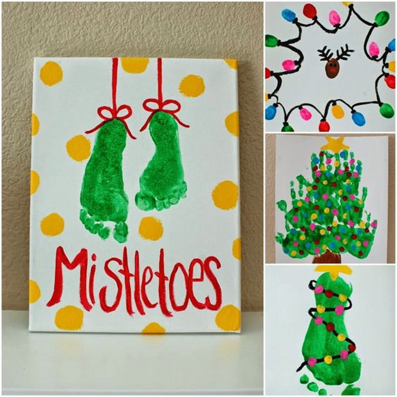 May include: A white canvas with yellow polka dots and two green handprints with red bows hanging from the top. The words "Mistletoes" are written in red paint below the handprints.