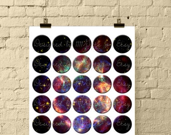 Galaxy Digital Collage Sheets / 1.5 Inch Circles Digital Collage / Cassiopeia A Stars Bottle Cap Images  // Printable, Instant Download