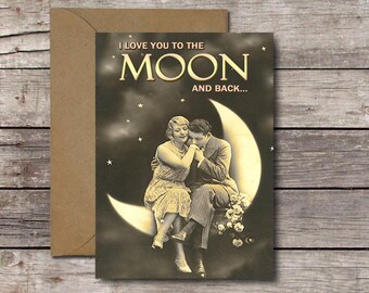 Vintage Ephemera Valentines Day Card, I Love You to the Moon (Digital Download)