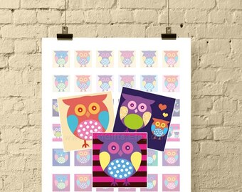 1 Inch Square Digital Collage Sheet * Multi-Colored Printable Images of Owls and Hearts for Jewelry & Crafts * Instant Download!