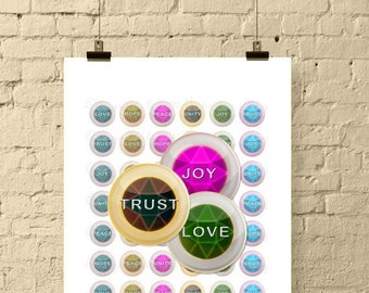 1 Inch Circle Digital Downloads * Inspirational Word Gems * Collage Sheet: Love, Hope, Peace, Unity, Joy, Trust *Printable, Instant Download