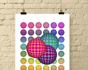 Rainbow Checkered 3D Spheres / 1 Inch Round Abstract Digital Collage Sheet / Bottle Cap Images //  Printable, Instant Download!