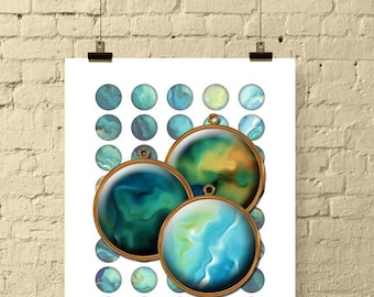 Abstract Oil Paint Circle Collage Sheet, Pendants, Bottle Caps (PDF Download)