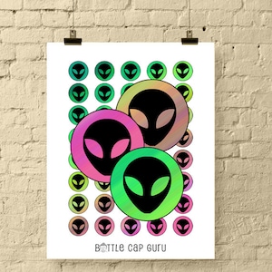 Alien Head 2,5 cm cirklar, digitalt collageark (UTSKRIVBAR NEDLADDNING)