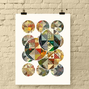 May include: A digital art print featuring a pattern of overlapping circles made of colourful patchwork fabric. The circles are arranged in a random pattern and are all different sizes. The background is white.
